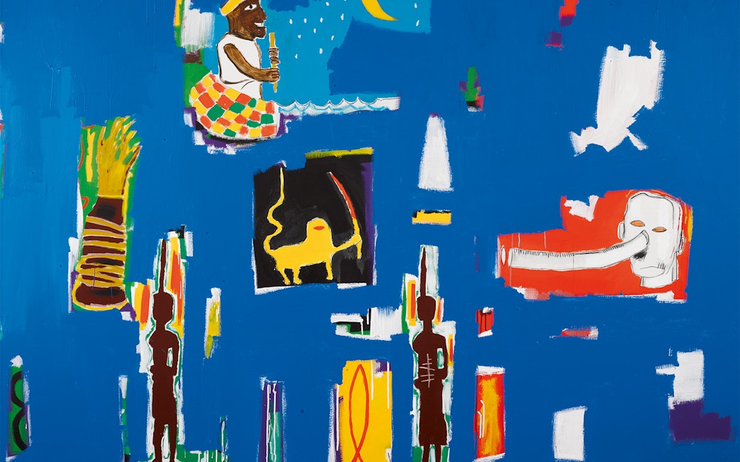 Abstract art with vibrant colors at Moco Museum London, featuring figures and geometric shapes.