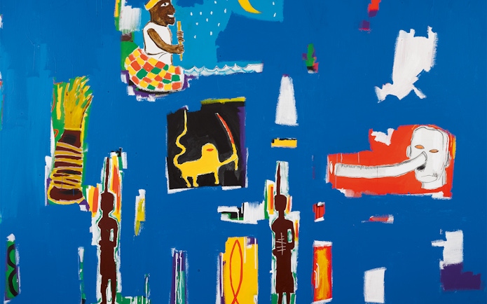 Abstract art with vibrant colors at Moco Museum London, featuring figures and geometric shapes.