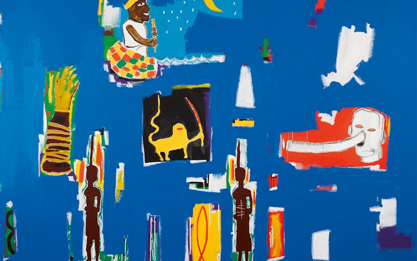 Abstract art with vibrant colors at Moco Museum London, featuring figures and geometric shapes.
