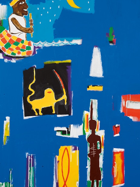 Abstract art with vibrant colors at Moco Museum London, featuring figures and geometric shapes.