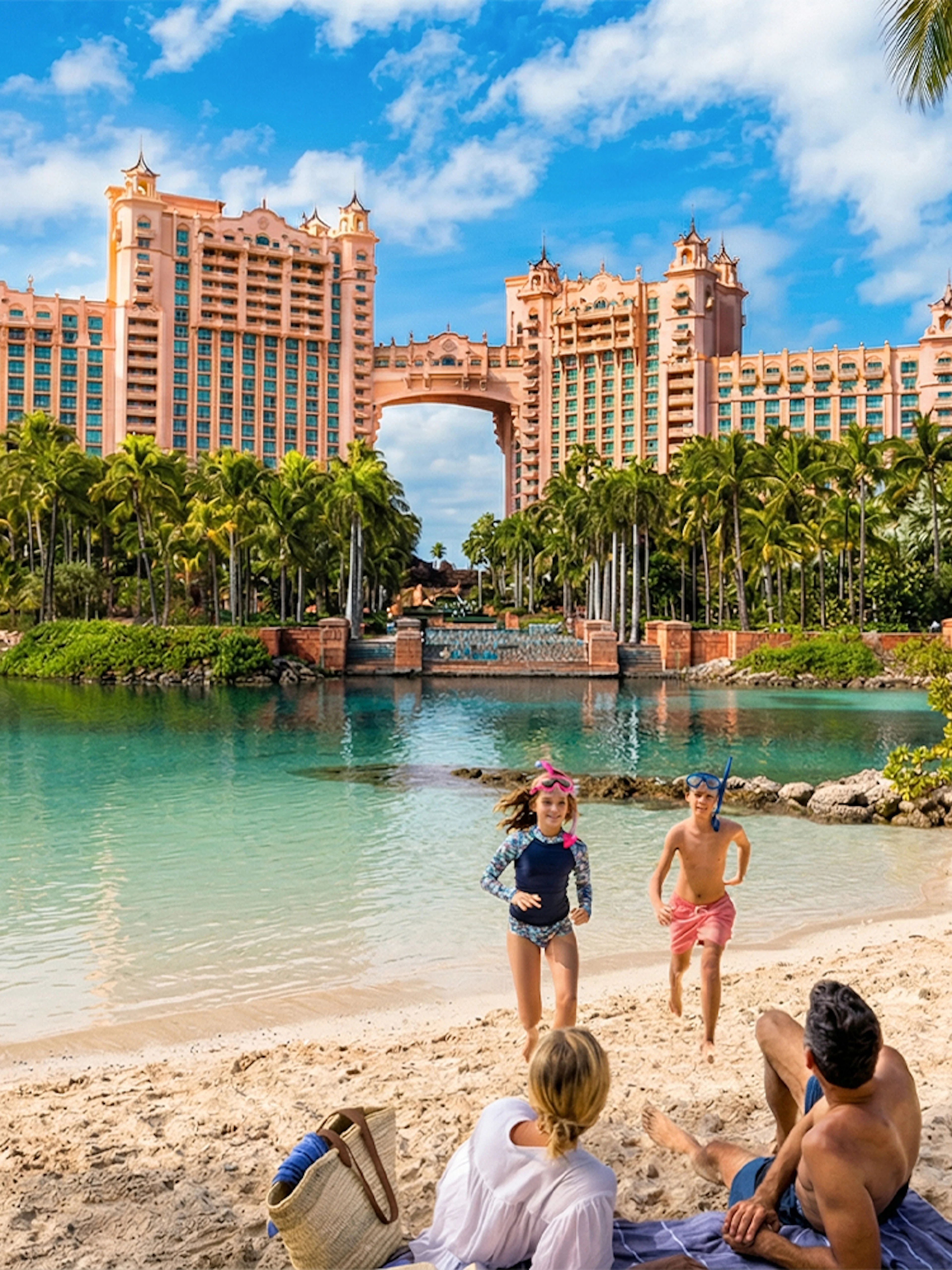 Atlantis Aquaventure beach with family, Nassau, Bahamas.