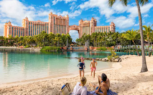 Atlantis Aquaventure beach with family, Nassau, Bahamas.