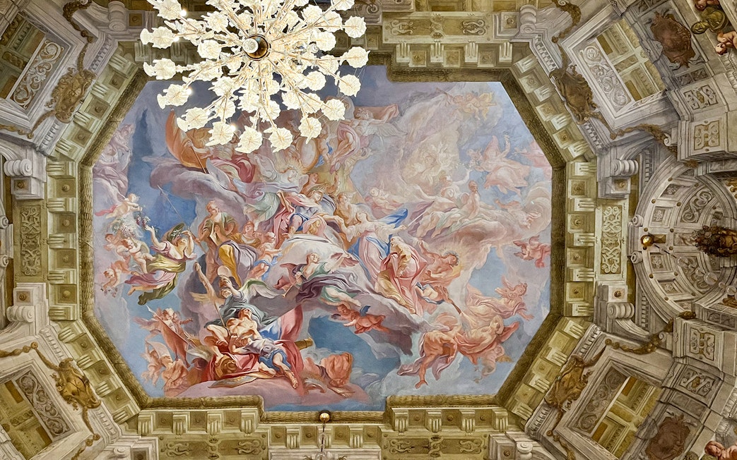 Ceiling fresco at Upper Belvedere Palace, Vienna, depicting mythological figures.