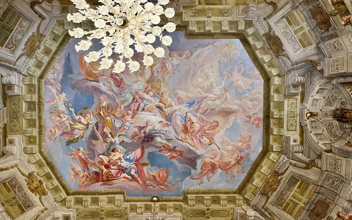 Ceiling fresco at Upper Belvedere Palace, Vienna, depicting mythological figures.