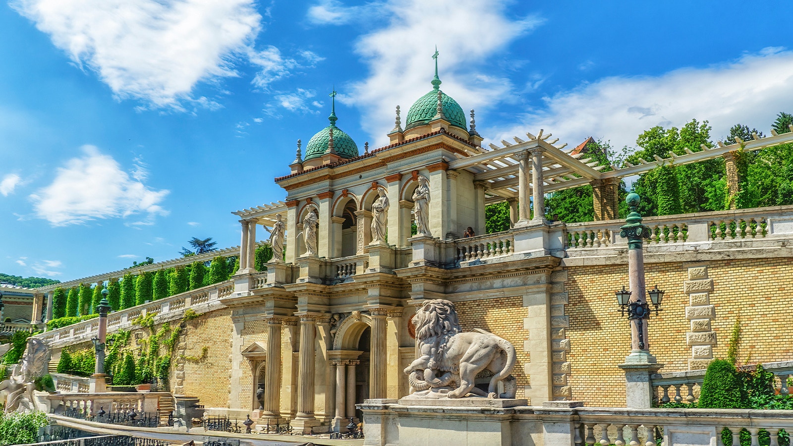 Castle Garden Bazaar in Budapest with historic architecture and Danube River view