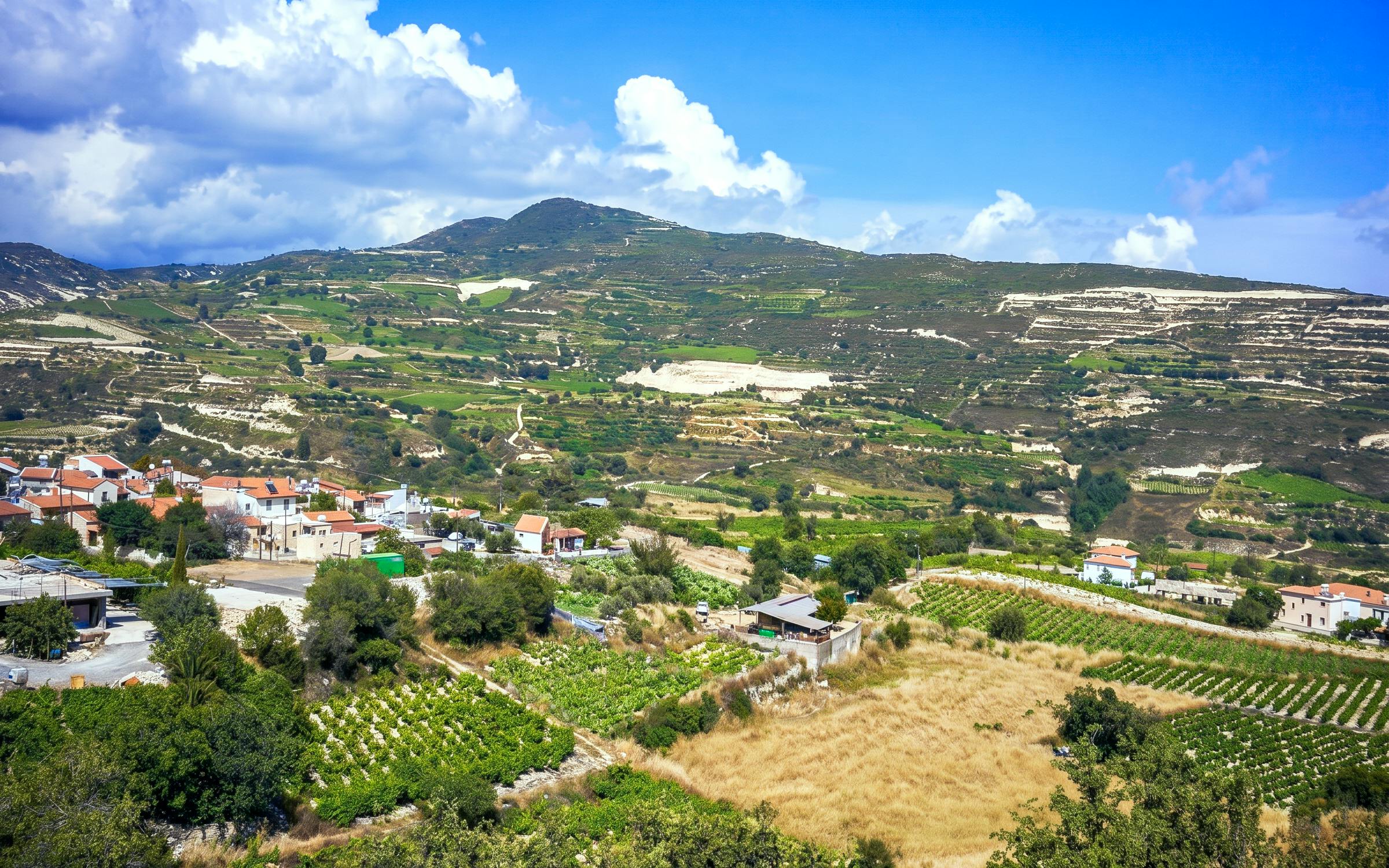 Troodos Mountains village landscape with vineyards near Paphos, Cyprus.