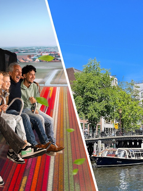 Family enjoying a flight simulator ride and a canal view in Amsterdam.