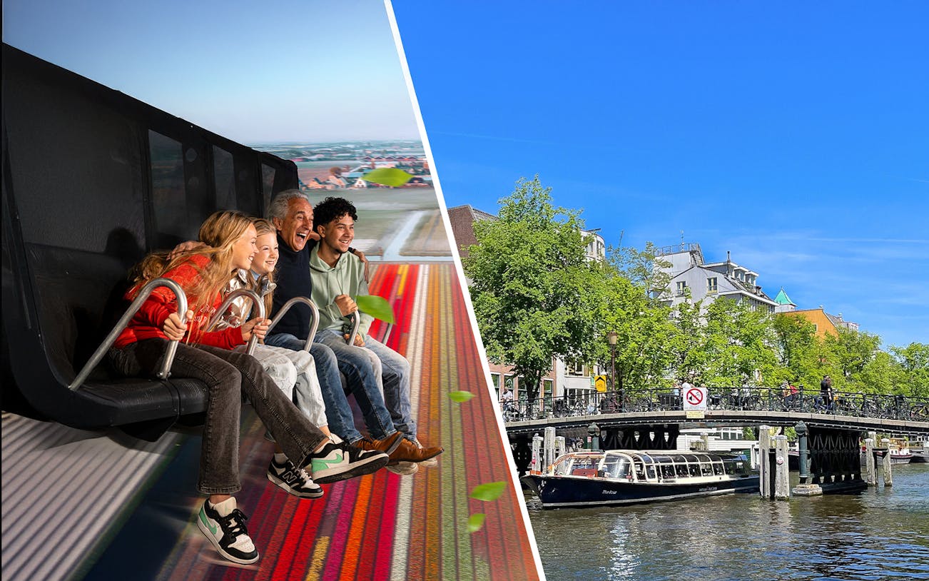 Family enjoying a flight simulator ride and a canal view in Amsterdam.