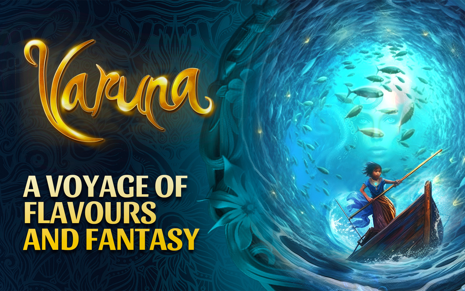 Varuna underwater dining with a child rowing a boat surrounded by fish and a mystical face.