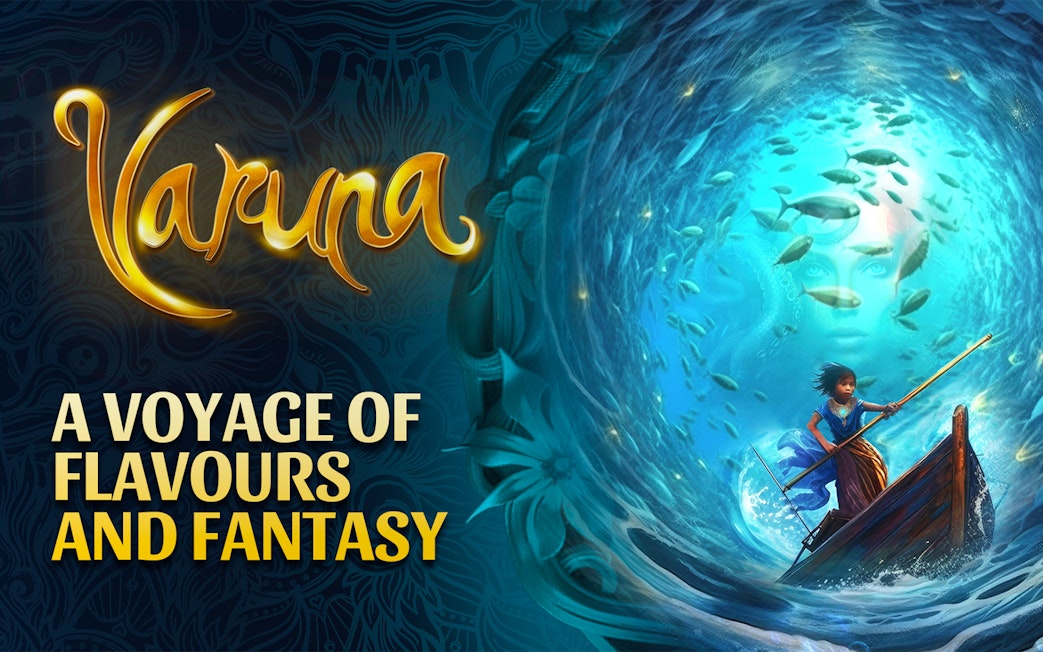 Varuna underwater dining with a child rowing a boat surrounded by fish and a mystical face.