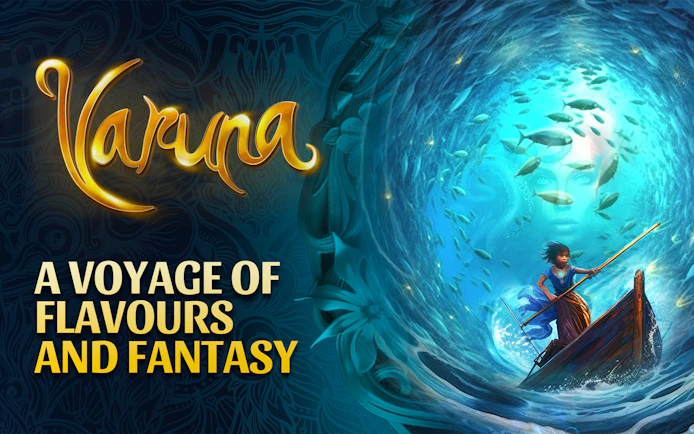 Varuna underwater dining with a child rowing a boat surrounded by fish and a mystical face.