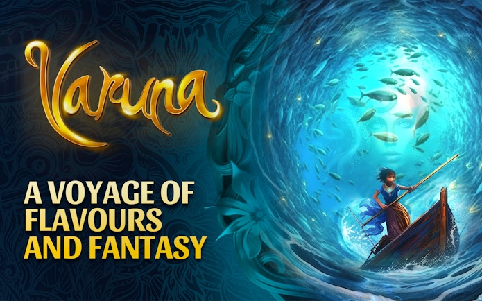 Varuna underwater dining with a child rowing a boat surrounded by fish and a mystical face.