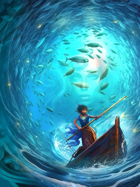 Varuna underwater dining with a child rowing a boat surrounded by fish and a mystical face.