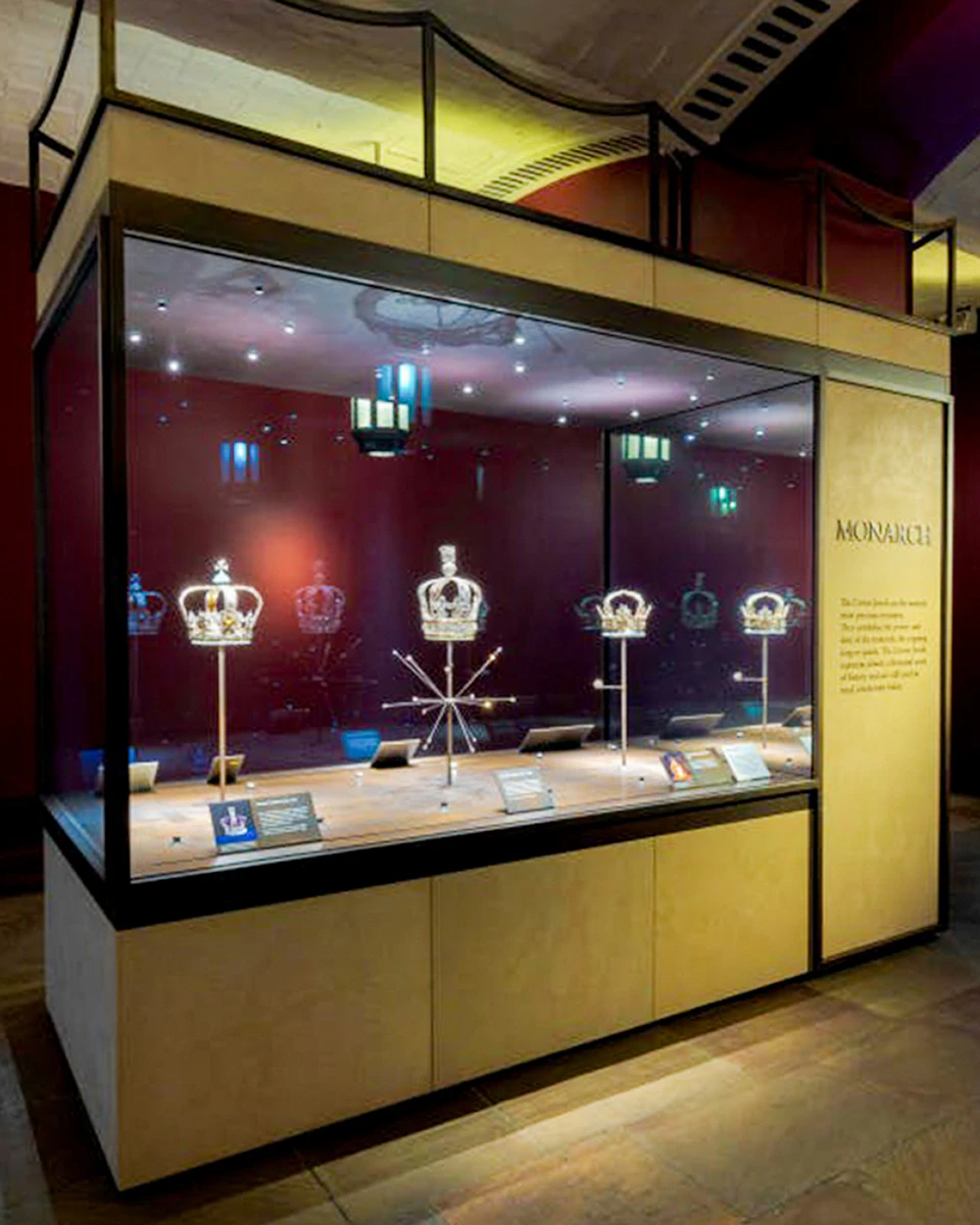 Crown jewels display at Tower of London exhibit.