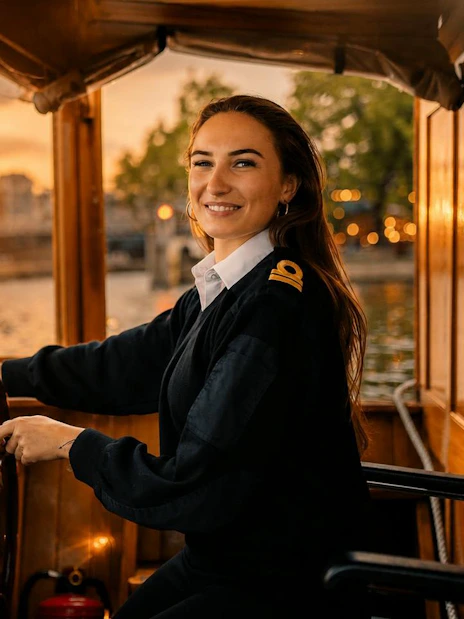 Captain steering a boat during a sunset on a luxury evening canal cruise in Amsterdam.