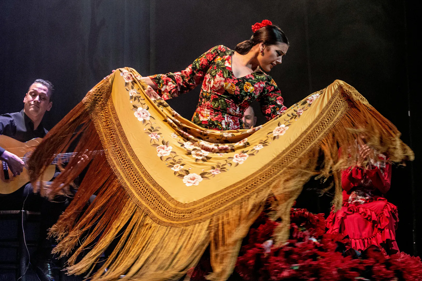 Flamenco dancer performing with shawl at Teatro Flamenco Madrid.
