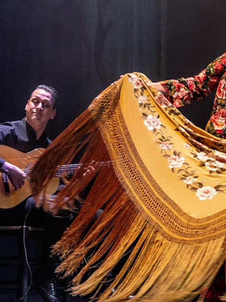 Flamenco dancer performing with shawl at Teatro Flamenco Madrid.