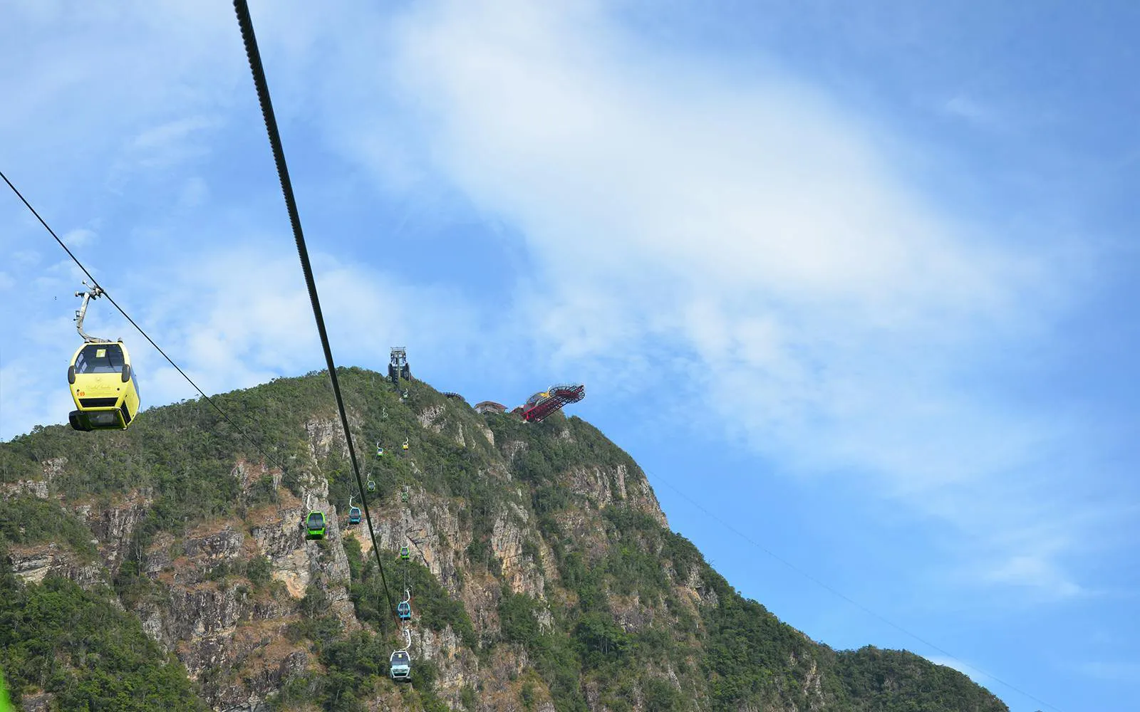 Langkawi Cable Car ascending mountain with SkyBridge in view.