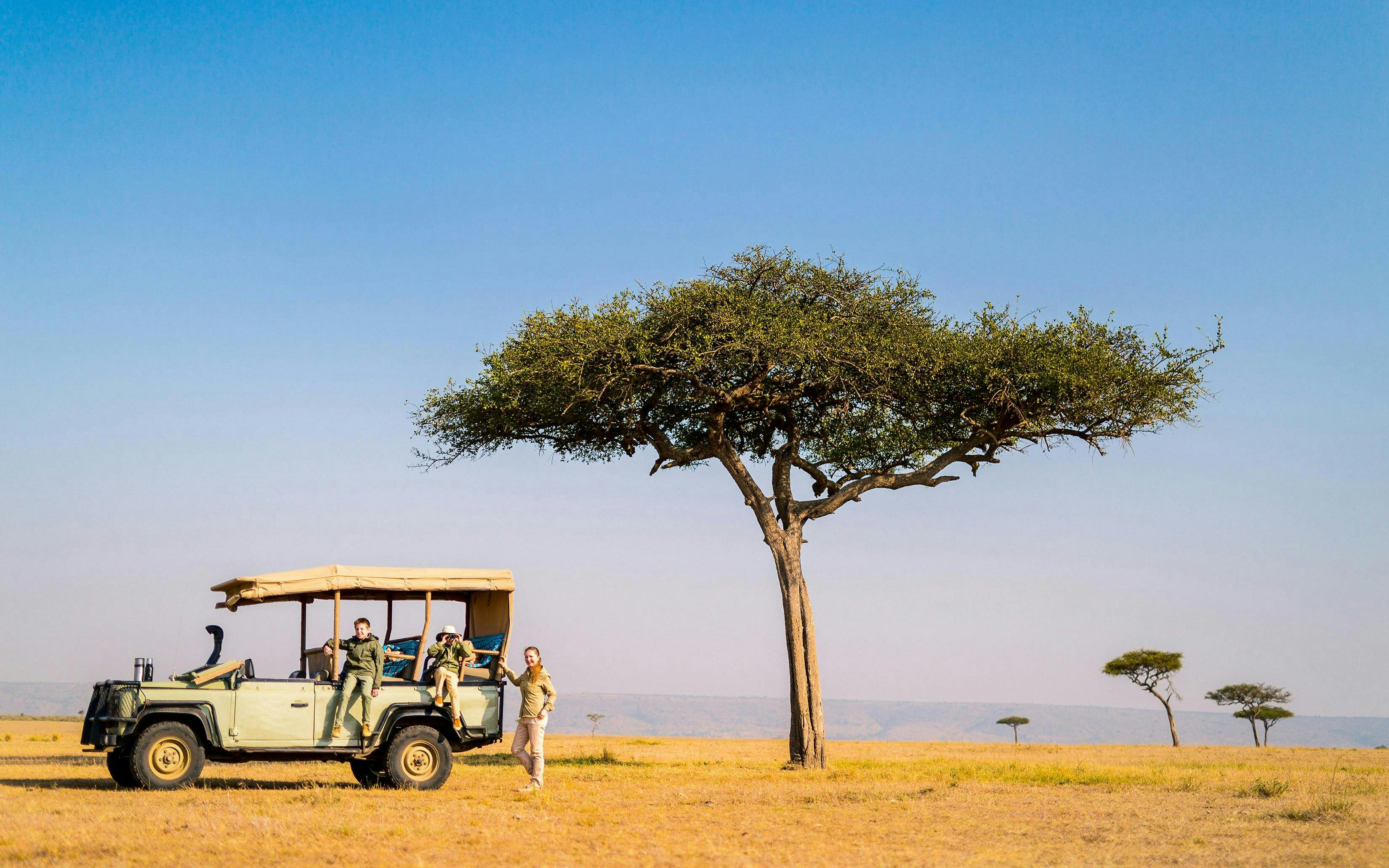 Family on safari in open jeep near acacia tree in African savanna.