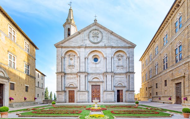 Santa Maria Assunta Cathedral in Pienza's main square, Italy.