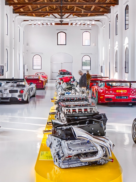 Ferrari cars and engines displayed at Ferrari Museum Modena and Maranello.