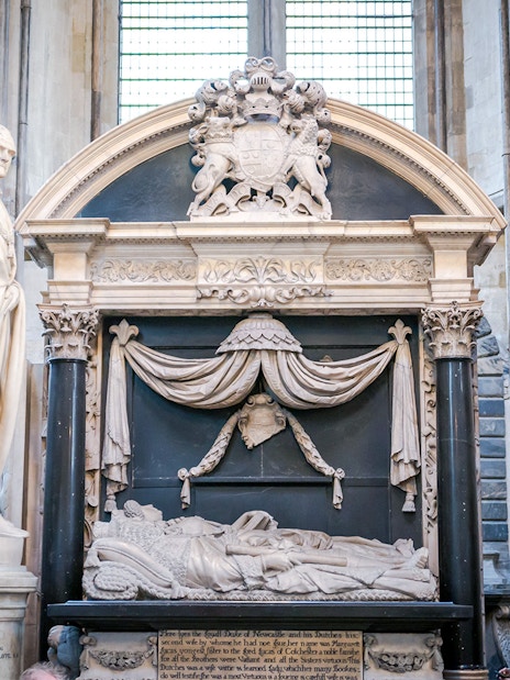 Sculptures and tomb in Poet's Corner, Westminster Abbey, London.