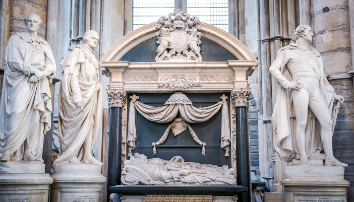 Sculptures and tomb in Poet's Corner, Westminster Abbey, London.