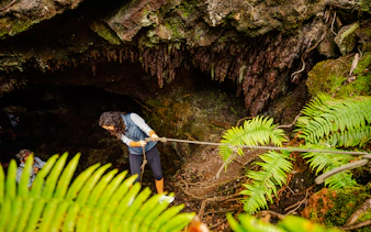 Guests descending into a cave on the Hualalai Volcano during the Hidden Craters Hike.