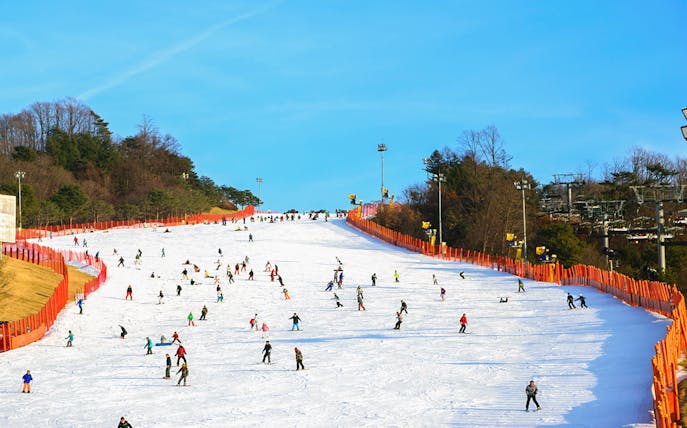 Skiers and snowboarders on a snowy slope at Vivaldi Park Snowy Land, South Korea.