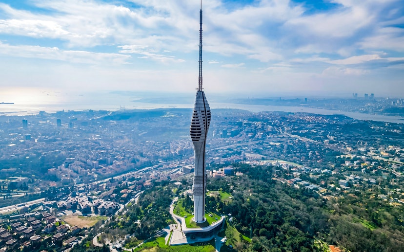 Camlica Tower overlooking Istanbul skyline and Bosphorus, Turkey.