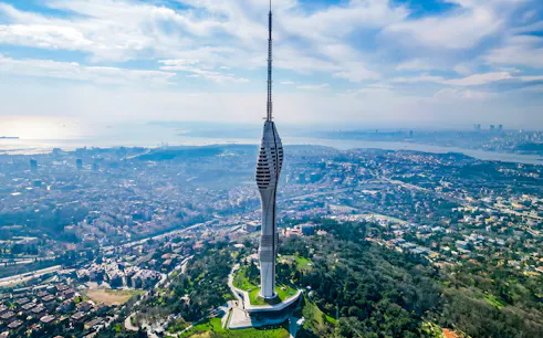 Camlica Tower overlooking Istanbul skyline and Bosphorus, Turkey.