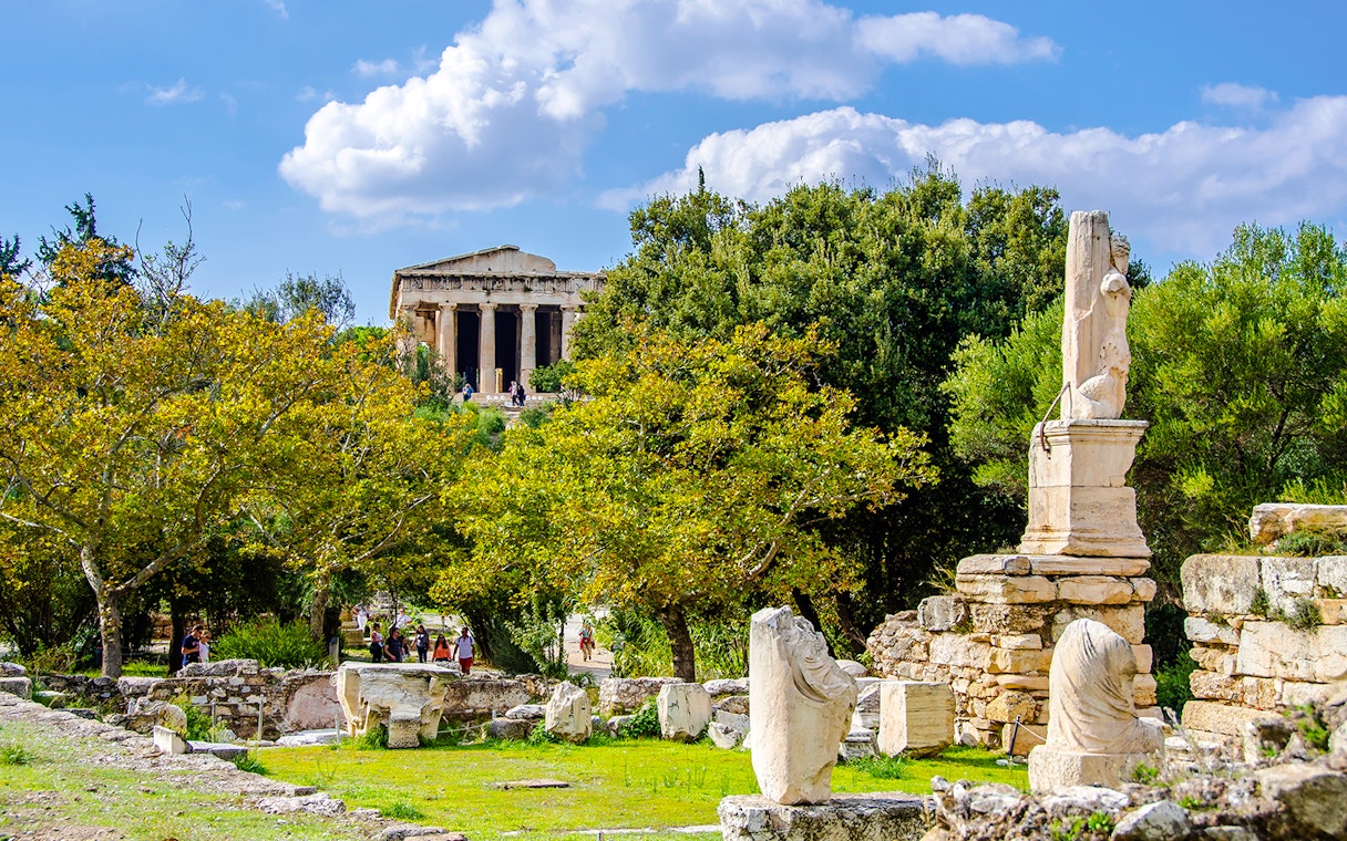 Ancient Agora of Athens with Temple of Hephaestus in the background, Greece.