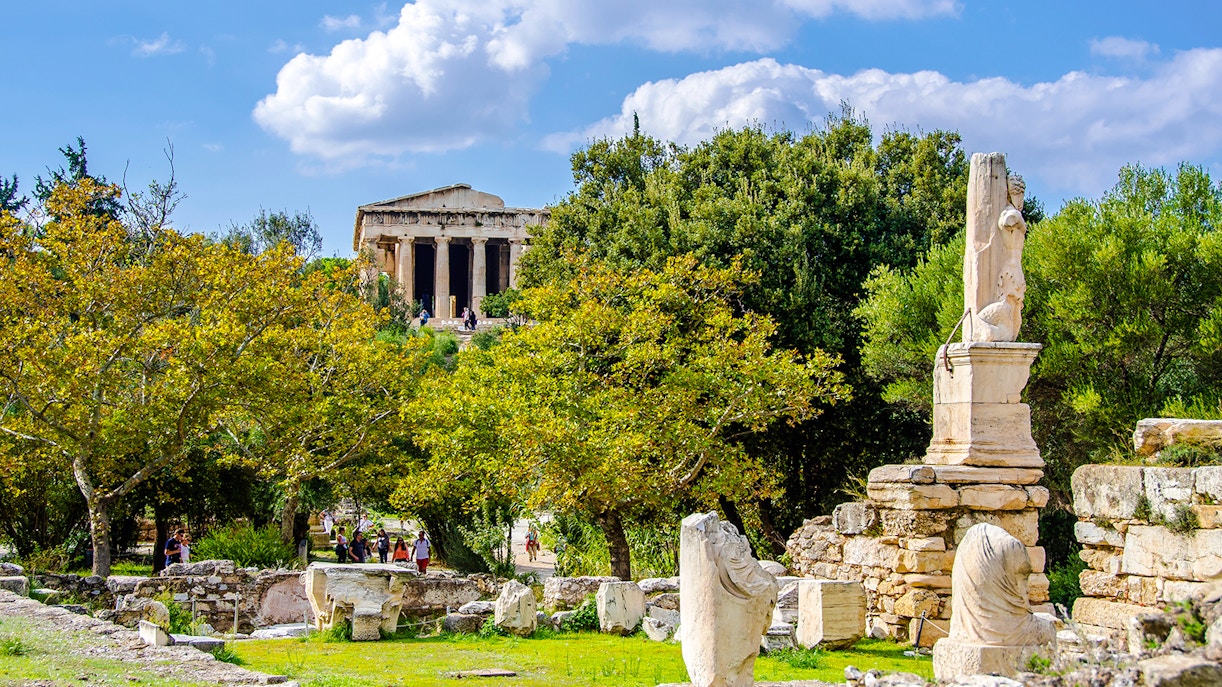 Ancient Agora of Athens with Temple of Hephaestus in the background, Greece.