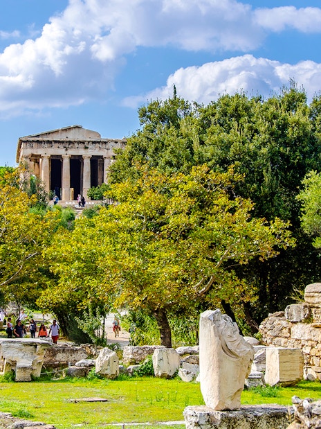 Ancient Agora of Athens with Temple of Hephaestus in the background, Greece.