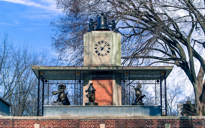 Delacorte Clock at Central Park Zoo entrance with animal sculptures.