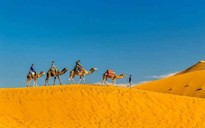 Tourists riding camels across sand dunes at Erg Chebbi, Morocco.