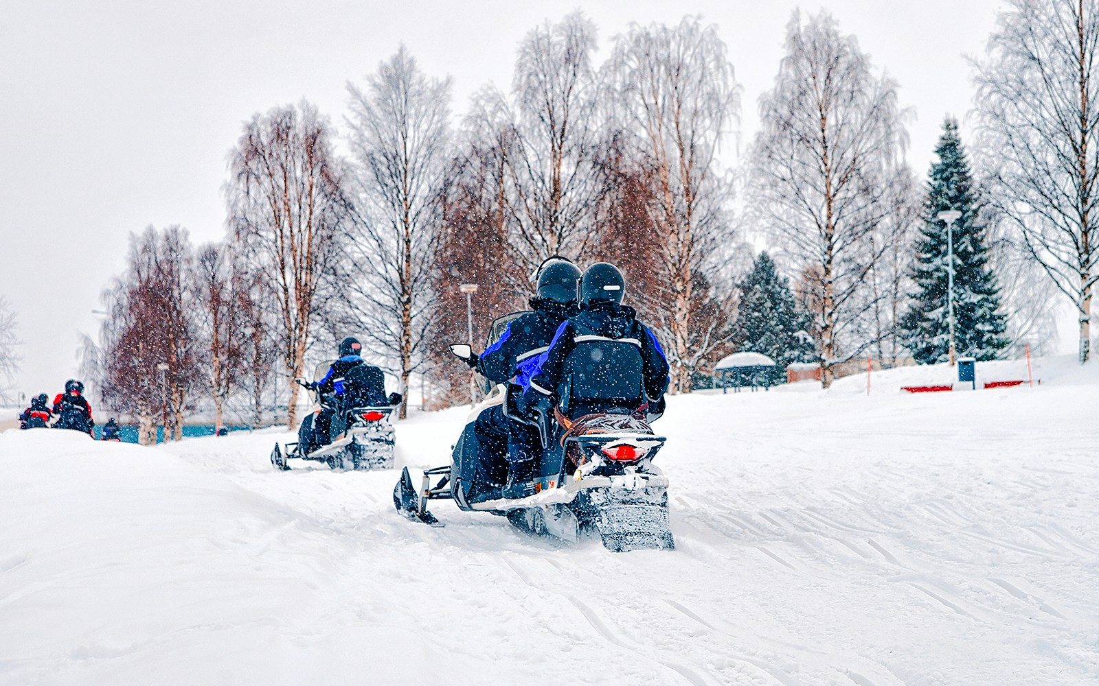 Snowmobilers riding through snowy forest in Lapland during winter.