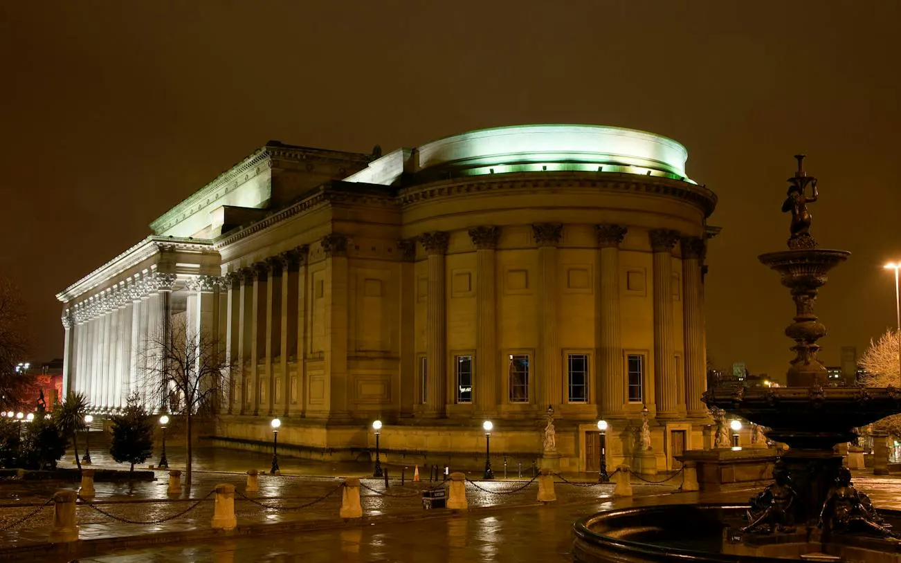 St George's Hall at night, part of Liverpool Secret Society Detective Mystery game.