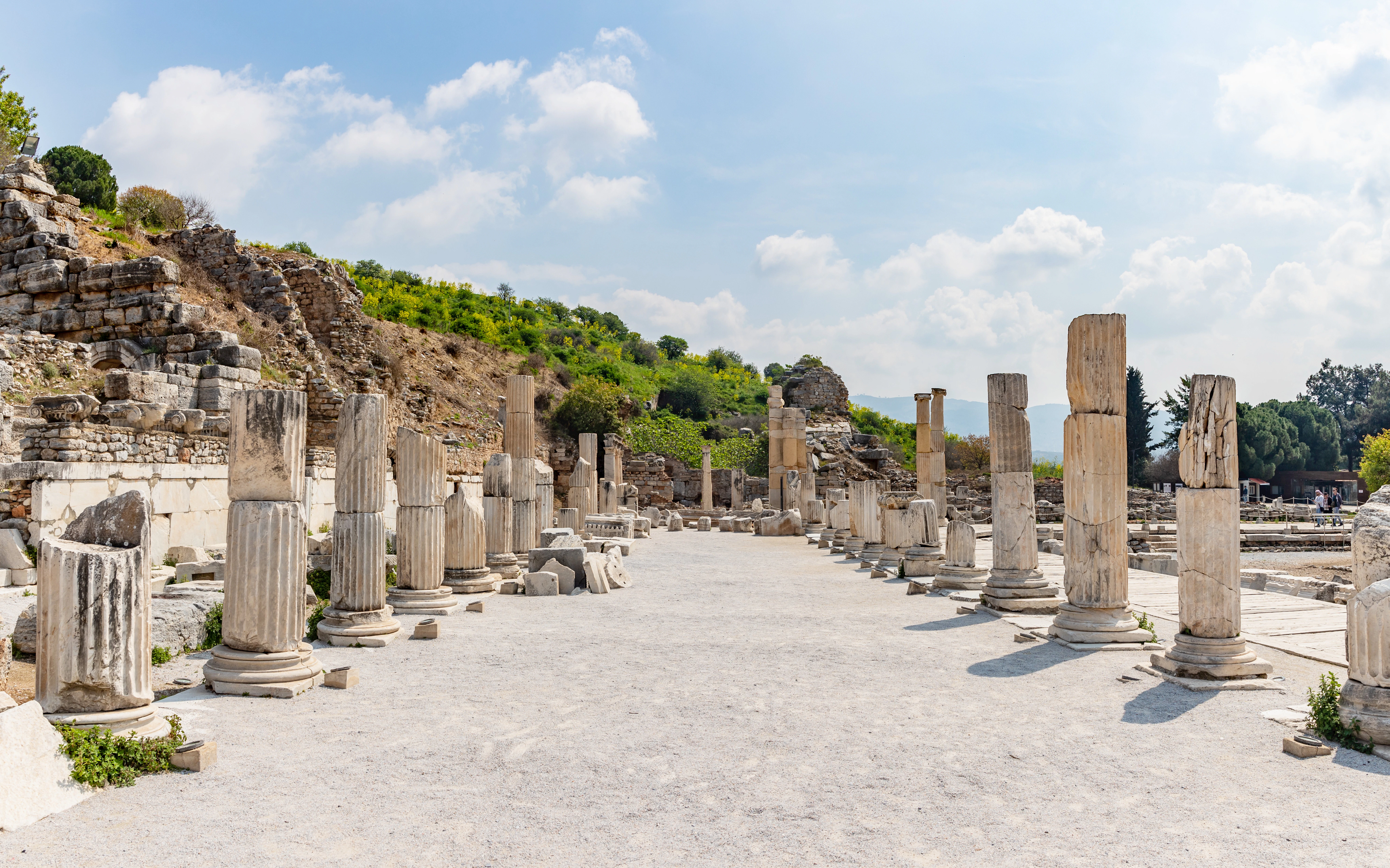 Ancient columns lining Stage Agora Street in Ephesus, Turkey.