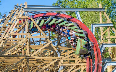 Roller coaster loop at Six Flags King's Dominion, Twisted Timbers ride.