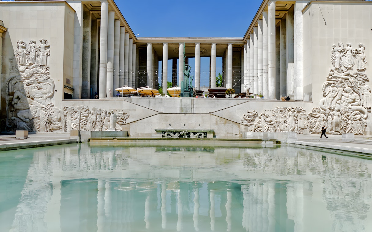 Museum of Modern Art Paris exterior with visitors in front, showcasing its architectural design.