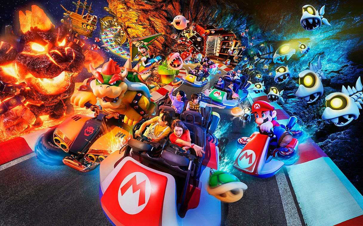 Visitors enjoying Mario Kart ride at Super Nintendo World, Universal Studios Japan.