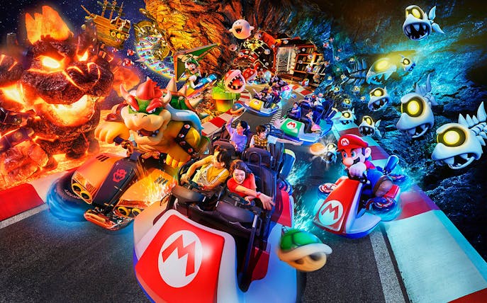 Visitors enjoying Mario Kart ride at Super Nintendo World, Universal Studios Japan.