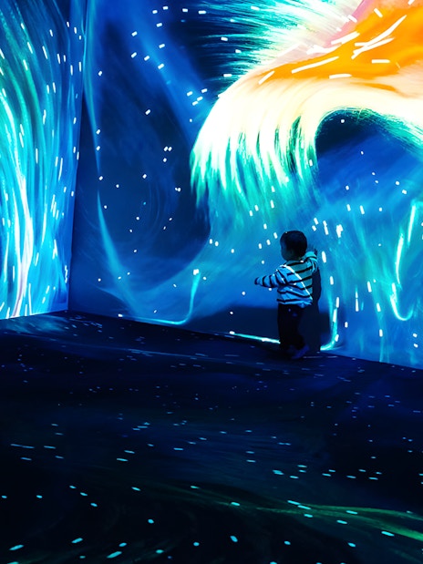 Father and child exploring Lisbon Oceanarium's Submerged Universe exhibit.