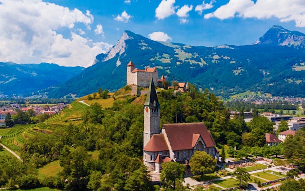 Gutenberg Castle on a hill with surrounding vineyards in Liechtenstein, Europe.
