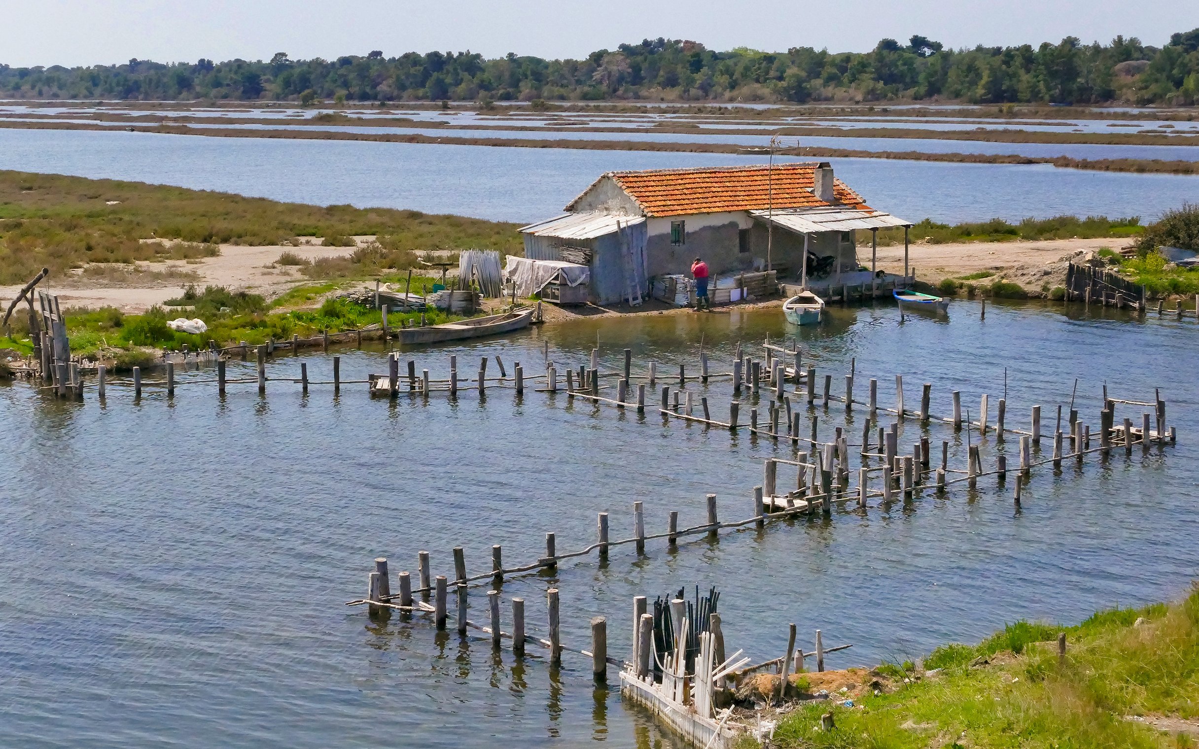 Lagoon with fishing hut and wooden stakes at Divjake-Karavasta National Park, Albania.