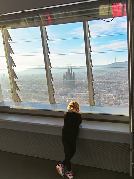 View of Barcelona skyline and Sagrada Familia from Torre Glories observation deck.