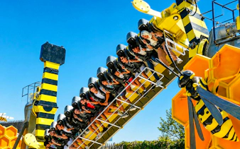 Guests on a bee-themed ride at Vialand Theme Park, Istanbul.