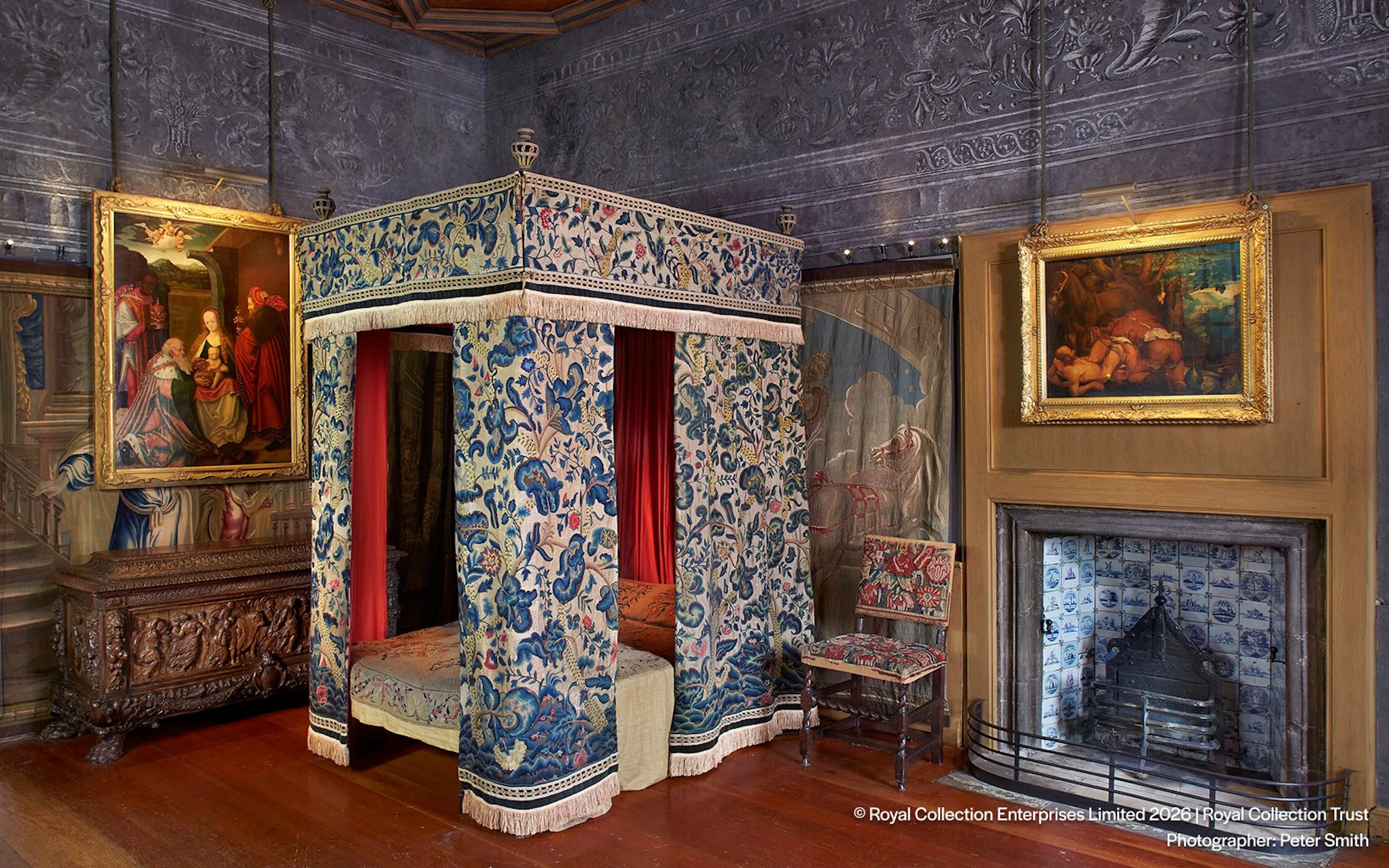 Canopy bed and ornate paintings in Queen Elizabeth II's private apartments, Palace of Holyroodhouse.