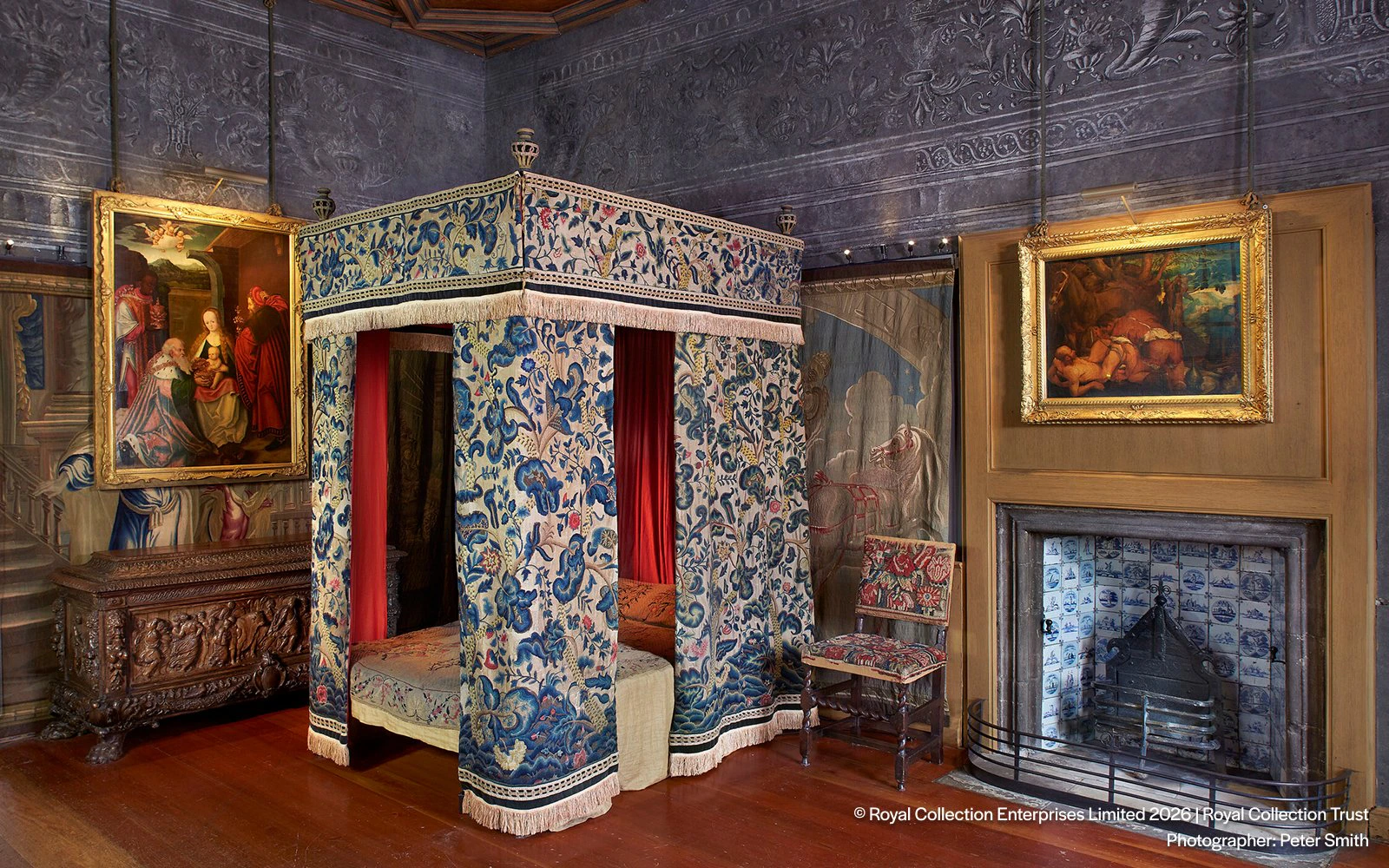 Canopy bed and ornate paintings in Queen Elizabeth II's private apartments, Palace of Holyroodhouse.